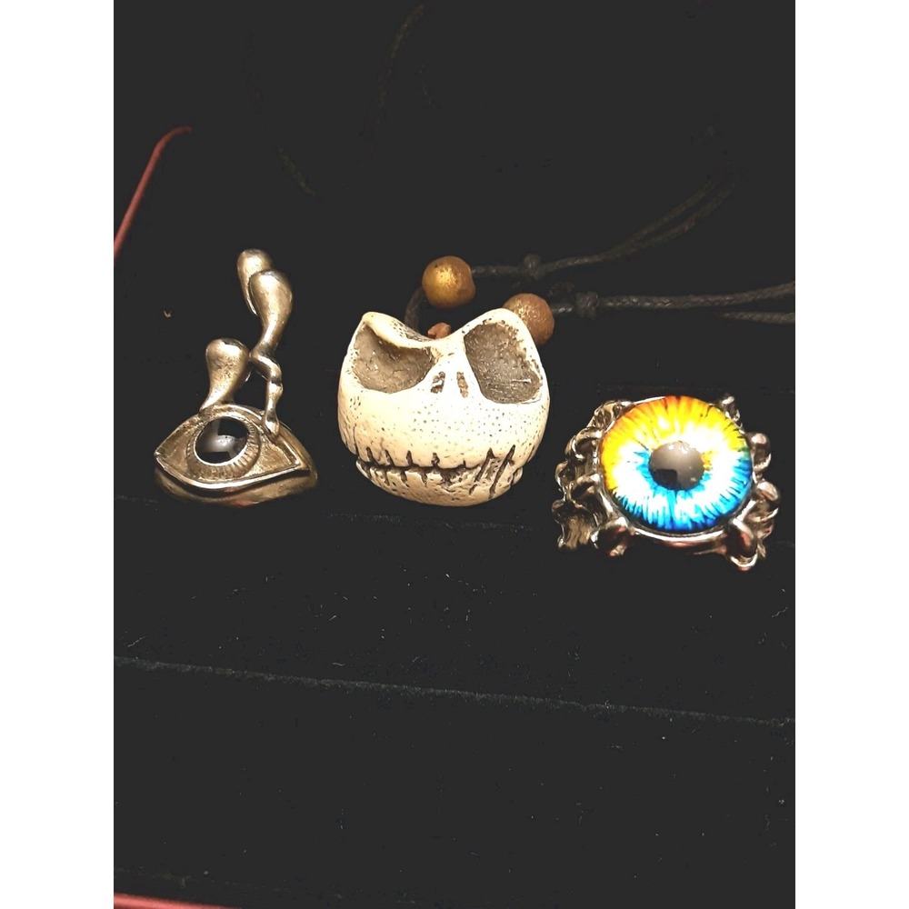 Gothic Spooky Halloween Eyeball Rings Skull Pendant Set SILVER TONE Size 7
